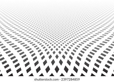 Abstract Dots Pattern with 3D Illusion Effect in Diminishing Perspective. Black and White Textured Background. Vector Art.