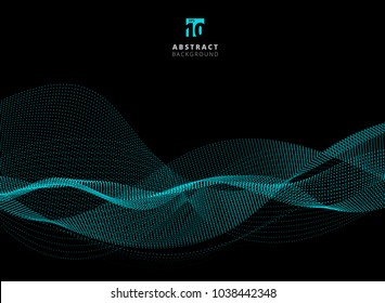 Abstract dots pattern blue particle waves on dark background with copy space. Vector graphic illustration