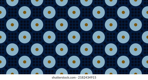 Abstract dots pattern small round elements geometric motif classic blue background. Repeat circles decorative ornament modern fabric design textile swatch. Blue, white colours palette.