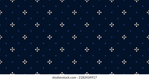 Abstract dots pattern small round elements geometric motif classic blue background. Repeat circles decorative ornament modern fabric design textile swatch. Blue, white colours palette.