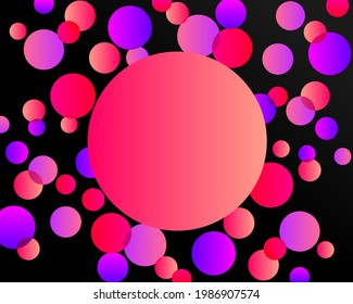 Abstract dots in pink, purple and violet colors. Spheres on dark background as invitation, banner, header, flyer or sale sign template. Blank dot in the middle as copy space for text.