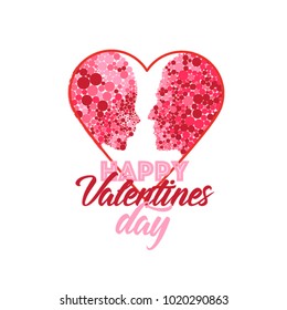 Abstract dots silhouettes of lovers man and women in heart and handdrawing lettering on the white background. Vector illustration. Wallpaper, flyers, invitation, poster, sale offer, banner template.