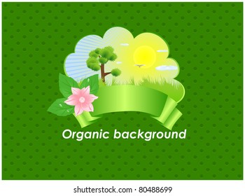 Abstract dotted background with green ribbon for the label and the landscape