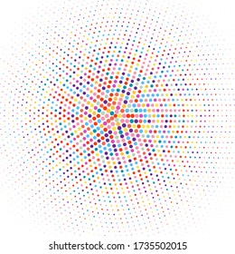 Abstract dotted background. Multicolored halftone radial fade. Polka dot transition. Vector background.