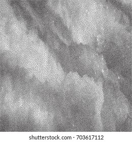 Abstract dotted black and white background. Halftone distressed pattern. Grunge texture of small round points and particles. Messy dark overlay. Aged stippled surface. Vector illustration.
