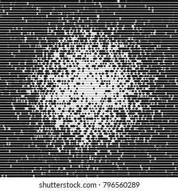Abstract dotted black and white background. Halftone distressed pattern. Grunge texture of small round points and particles. Messy dark overlay. Aged stippled surface. Vector illustration.