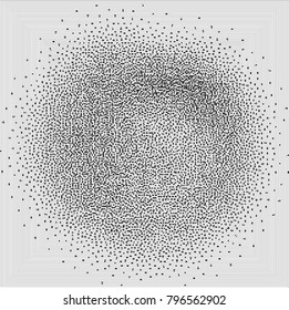 Abstract dotted black and white background. Halftone distressed pattern. Grunge texture of small round points and particles. Messy dark overlay. Aged stippled surface. Vector illustration. 