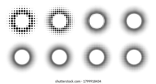 Abstract dotted circles halftone set. Collection of dot spray gradation round shapes isolated on white background. Vector illustration of black dotted gradients, pop art design texture or comic style
