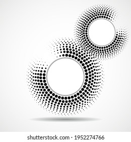 Abstract dotted circles, logo inside with shadow. Dots in circular form. Halftone effect, design element. Vector