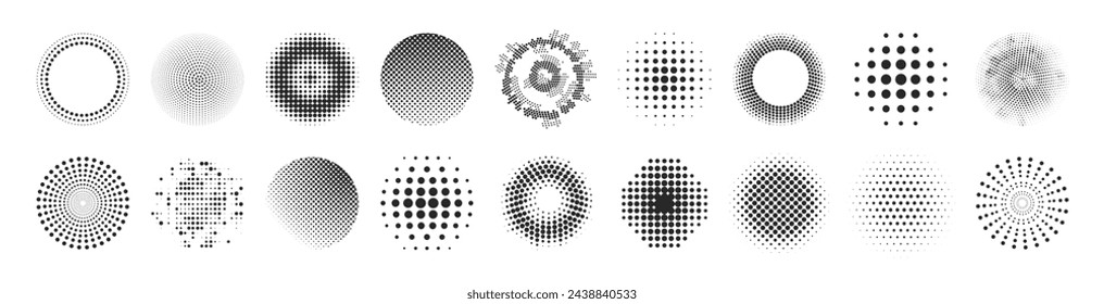 Abstract dotted circles, round halftones geometric dots gradient and pop art texture. Round dotted pattern geometric background