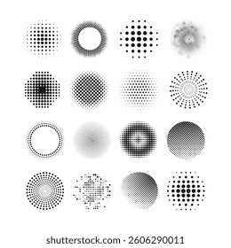 Abstract dotted circles, Round halftones geometric dots gradient and pop art texture. Modern polka dot texture for digital and print design. Round dotted pattern. Vector illustration.