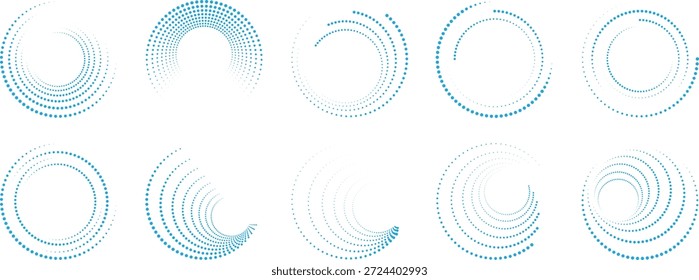 Abstraktes, gepunktetes Kreisbogendesign auf weißem Hintergrund. Minimaler geometrischer Ring aus gleichmäßig beabstandeten Punkten. Modernes Radialelement, ideal für Infografiken, Branding, Benutzeroberfläche und grafische Layouts.