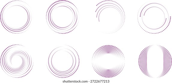 Abstract dotted circular shapes with radial halftone patterns and modern symmetry. Minimal geometric rings and dot waves create a clean futuristic visual rhythm. Ideal for technology backgrounds, data visuals, and modern design layouts.