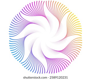 Abstract dotted circular swirl in a gradient of blue, purple, and pink hues. for branding, digital technology, innovation, AI, science, corporate identity, cosmetics packaging, and modern web graphics