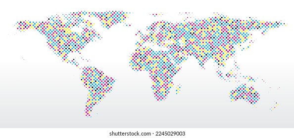 Abstract dotted color blank silhouette of world map isolated on white gradient background. Vector illustration