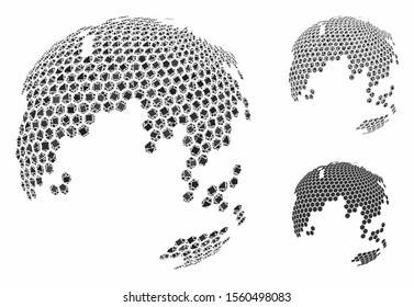 Abstract dotted earth globe composition of irregular items in various sizes and color tones, based on abstract dotted earth globe icon. Vector irregular elements are composed into collage.