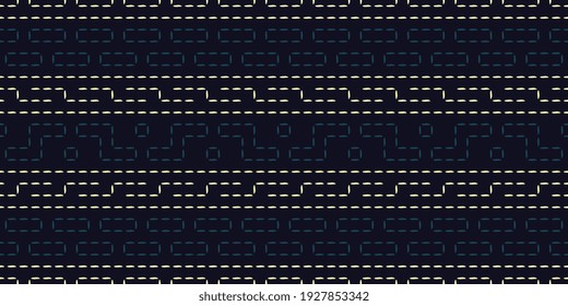 Abstract dotted geometric line shape border patterns black background. Traditional geometrical oriental motif endless design. Duotone grunge simple geo pattern, allover print block, digital wallpaper