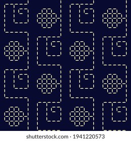 Resumen de la forma de la línea geométrica punteada motivos de patrón fondo azul. Diseño continuo de ornamento geométrico floral. Duotone grunge simple patrón geo, bloque de impresión de allover, papel de pared digital.