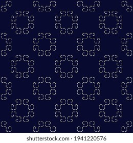 Abstract dotted geometric line shape motif pattern blue background. Geometrical ornament continuous design. Duotone grunge simple geo pattern, allover print block, digital wallpaper.