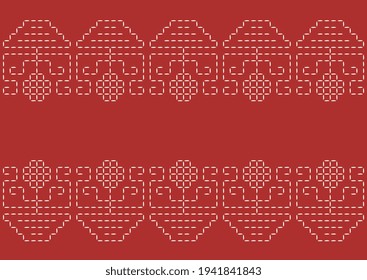 Abstract dotted geometric line shape motif pattern red background. White flowers geometrical ornament continuous design. Rustic floral simple geo pattern, allover print block for kitchen textile towel