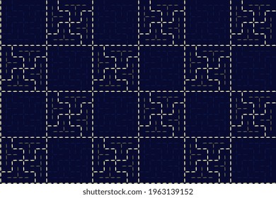 Abstract dotted geometric line shape pattern black background. Traditional geometrical Japanese oriental motif endless design. Duotone grunge simple geo pattern, allover print block, digital wallpaper