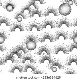 Abstrakte gepunktete geometrische Formen nahtloses Muster. Blühender künstlerischer Hintergrund mit Bogen und Bälle. Künstlerische Struktur