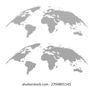Abstrakte gepunktete graue, leere Silhouette der Weltkarte einzeln auf weißem Hintergrund. Retro-Grafik-Rasterkorn, Pointillismus-Element für Poster, Karte oder Infografik. Vektorgrafik
