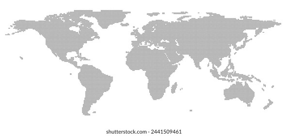 Silueta en blanco negro de medio tono punteado abstracto del mapa del mundo aislado sobre fondo blanco. Ilustración de vector