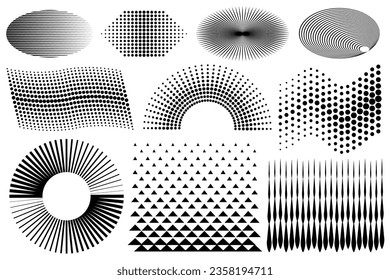 Abstract dotted halftone design elements. Black and white gradient spotted shapes for your design projects.