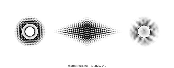 Anéis de meio-tom pontilhados abstratos e padrões de grade de diamante - conjunto de vetores geométricos preto e branco.