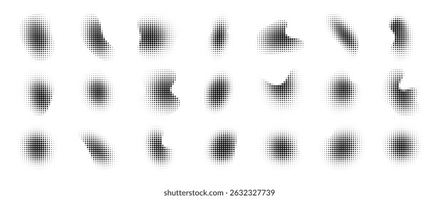 Abstract dotted halftone shape collection. Black and white digital halftone gradient pattern. Elements on white background for business, education and technology.