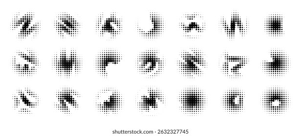 Abstract dotted halftone shape collection. Black and white digital halftone gradient pattern. Elements on white background for business, education and technology.