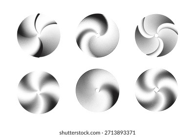 Discos em espiral de meio-tom pontilhados abstratos com ilustração de vetor de movimento radial.
