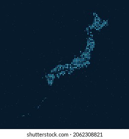 Abstrakter, dotted Halftone mit Sterneneffekt auf dunkelblauem Hintergrund mit Karte von Japan. Digital dotted Technologie Design Sphäre und Struktur. Vektorgrafik
