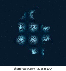 Resumen Semitono con efecto estrellado en fondo azul oscuro con mapa de Colombia. Esfera y estructura de diseño digital de tecnología punteada. ilustración vectorial