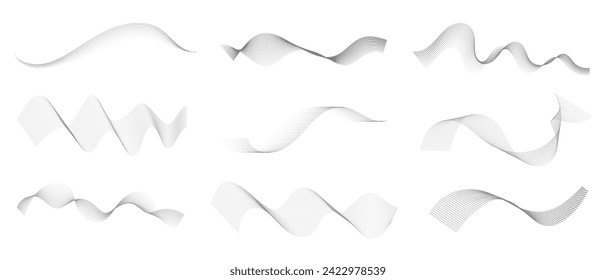 Abstract dotted halftone wave element vector. Collection grey digital wavy dot, twisted wave line and halftone gradient pattern. Elements on white background for business, education and technology.