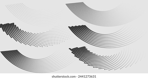 Abstract dotted halftone waves collection. Black and gray digital wavy dots, twisted wave lines