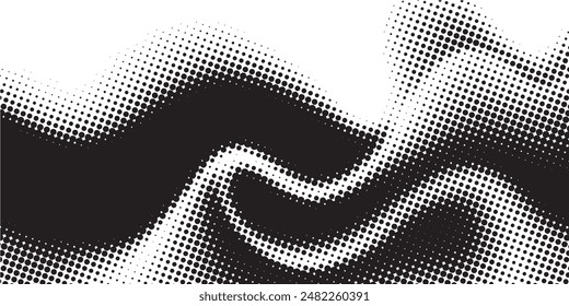 Abstract dotted halftone waves collection. Black and grey digital wavy dot, twisted wave line and halftone gradient pattern. 