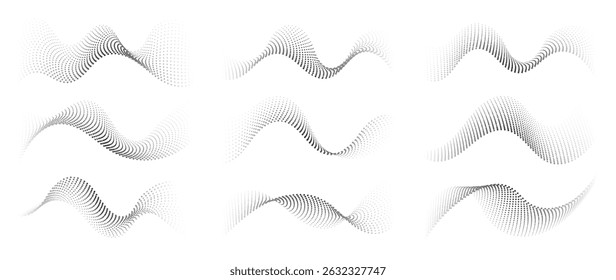 Abstract dotted halftone waves collection. Black and white digital wavy dot, twisted wave line and halftone gradient pattern. Elements on white background for business, education and technology.