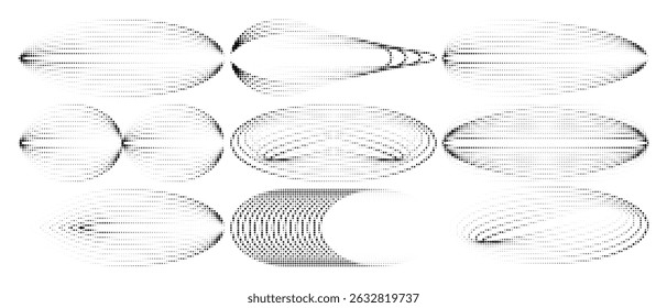 Abstract dotted halftone waves collection. Black and white digital wavy dot, twisted wave line and halftone gradient pattern. Elements on white background for business, education and technology.