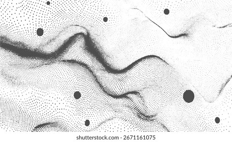 abstract dotted landscape with dark circles and flowing lines on a white background
