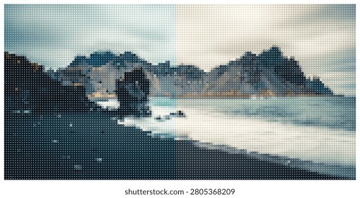 Abstract dotted landscape illustration featuring rugged coastline sea view with rocky formations. Creative pixel style design for nature and travel concepts.
