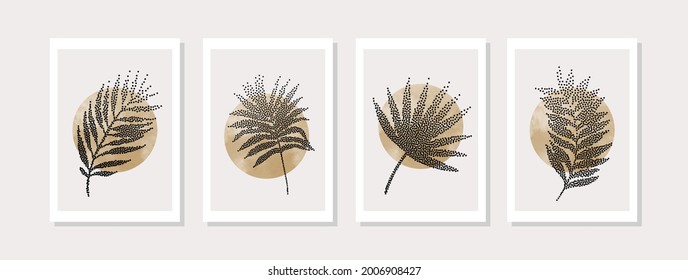 Abstract dotted leaves on geometric background, poster set. Halftone tropical leaf, watercolor circles contemporary art. Jungle stipple vector illustration for minimal memphis design, leaflet, poster