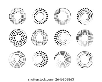 Abstract dotted and lines circles, Round halftones geometric dots gradient and pop art texture. Modern polka dot texture for digital and print design. Round dotted pattern. Vector illustration.