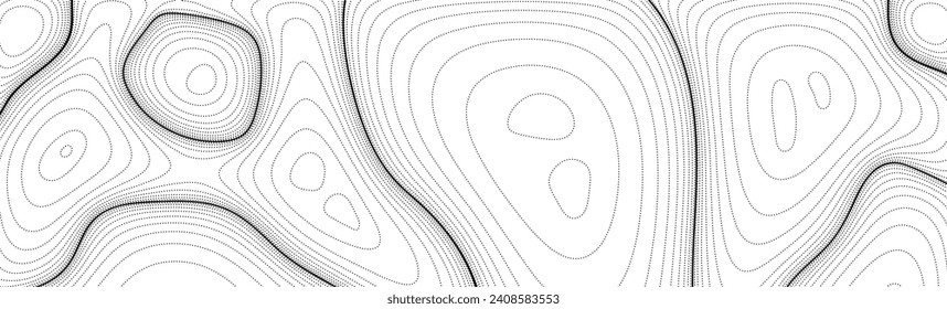 Abstract dotted lines footer. Topographic contour map concept background. Black and white terrain dashed outline pattern. Wide design template wallpaper for poster, banner, print. Vector