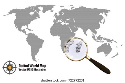 Abstract Dotted Map Black and White Halftone grunge Effect Vector Illustration. World map silhouette. Continental shapes of dots. Monochrome round dot grain background. Magnifying glass bonus
