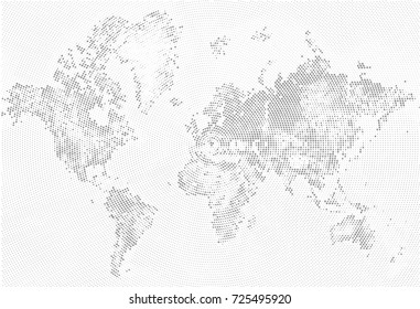 Abstract Dotted Map Black and White Halftone grunge Effect Illustration. World map silhouettes. Continental shapes of dots. Monochrome radial circular grain background. Vector template easy to edit