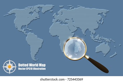 Abstract Dotted Map Blue Halftone grunge Effect Vector Illustration. World map silhouette with shadow. Continental shapes of dots. Monochrome round dot grain background. Magnifying glass bonus