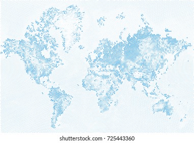 Abstract Dotted Map Blue and White Halftone grunge Effect Illustration. World map silhouettes. Continental shapes of dots. Monochrome radial circular grain background. Vector template easy to edit