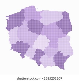 Abstract dotted map of Poland. Digital style map of the country on white background. Poland shape with small colored circles. Vector illustration.